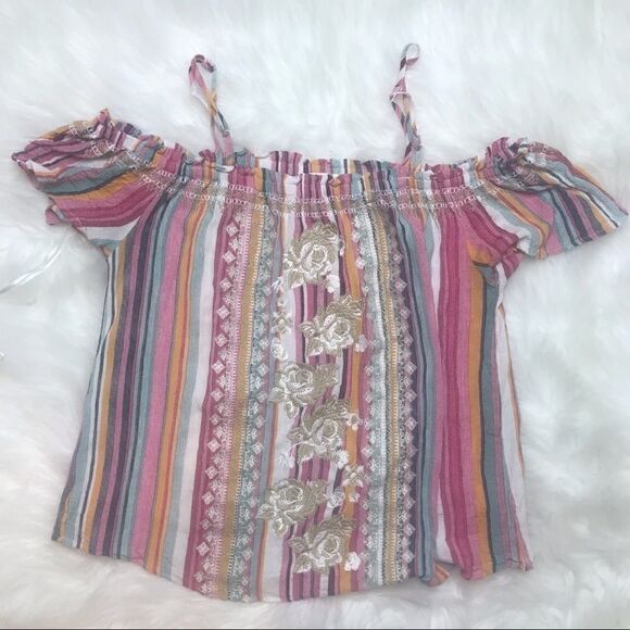 ANDREE BYUNIT STRIPED EMBROIDERED OFF SHOULDER TOP - Picture 2 of 6